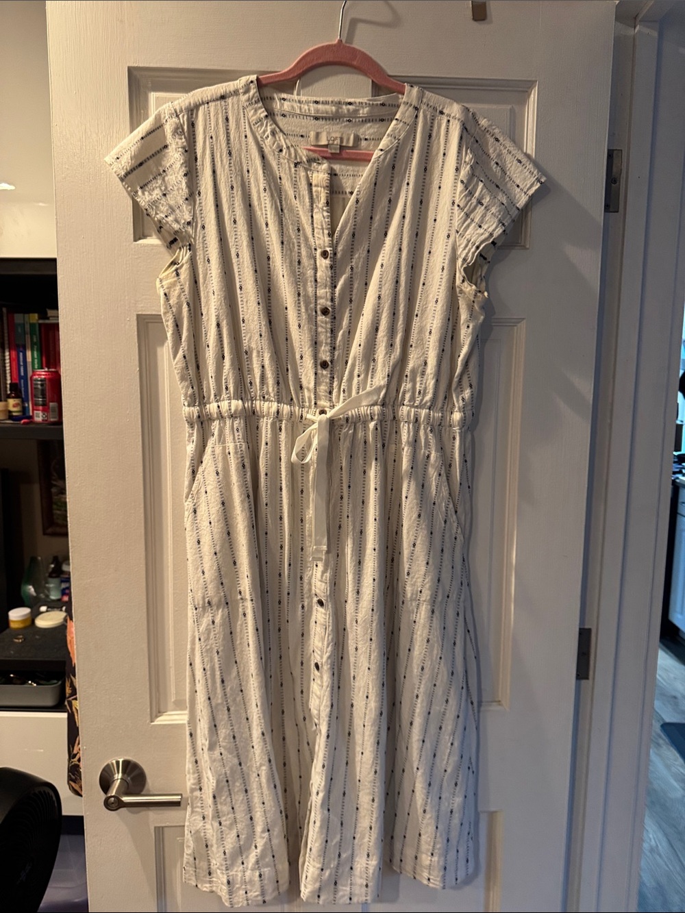 LOFT Ivory & Black Striped Button-Front Dress with Tie Waist Sz 12